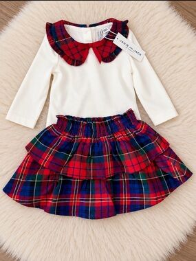 Janie and Jack Top with Red Plaid Collar and Tiered Plaid Skirt NEW Size 6-12 mo